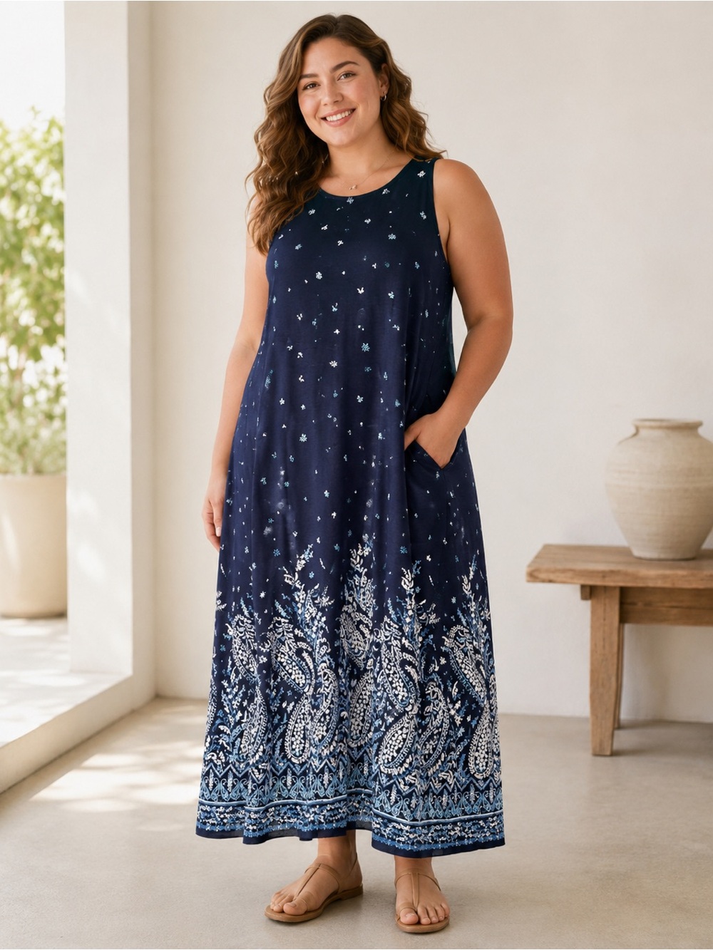 Sleeveless Navy Maxi Dress with Paisley Border